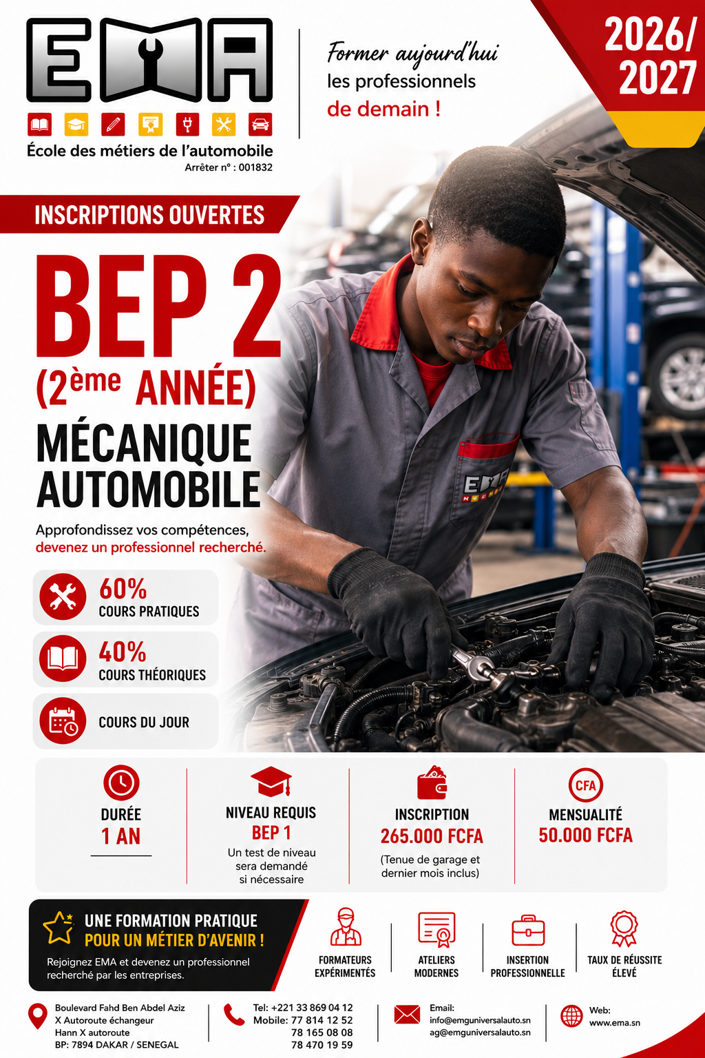 Affiche inscriptions ouvertes BEP 2 Mécanique automobile 2026-2027