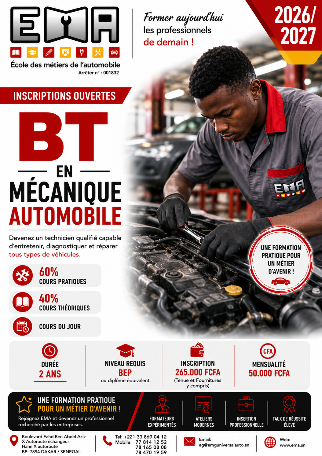 Affiche inscriptions ouvertes BT en Mécanique automobile 2026-2027