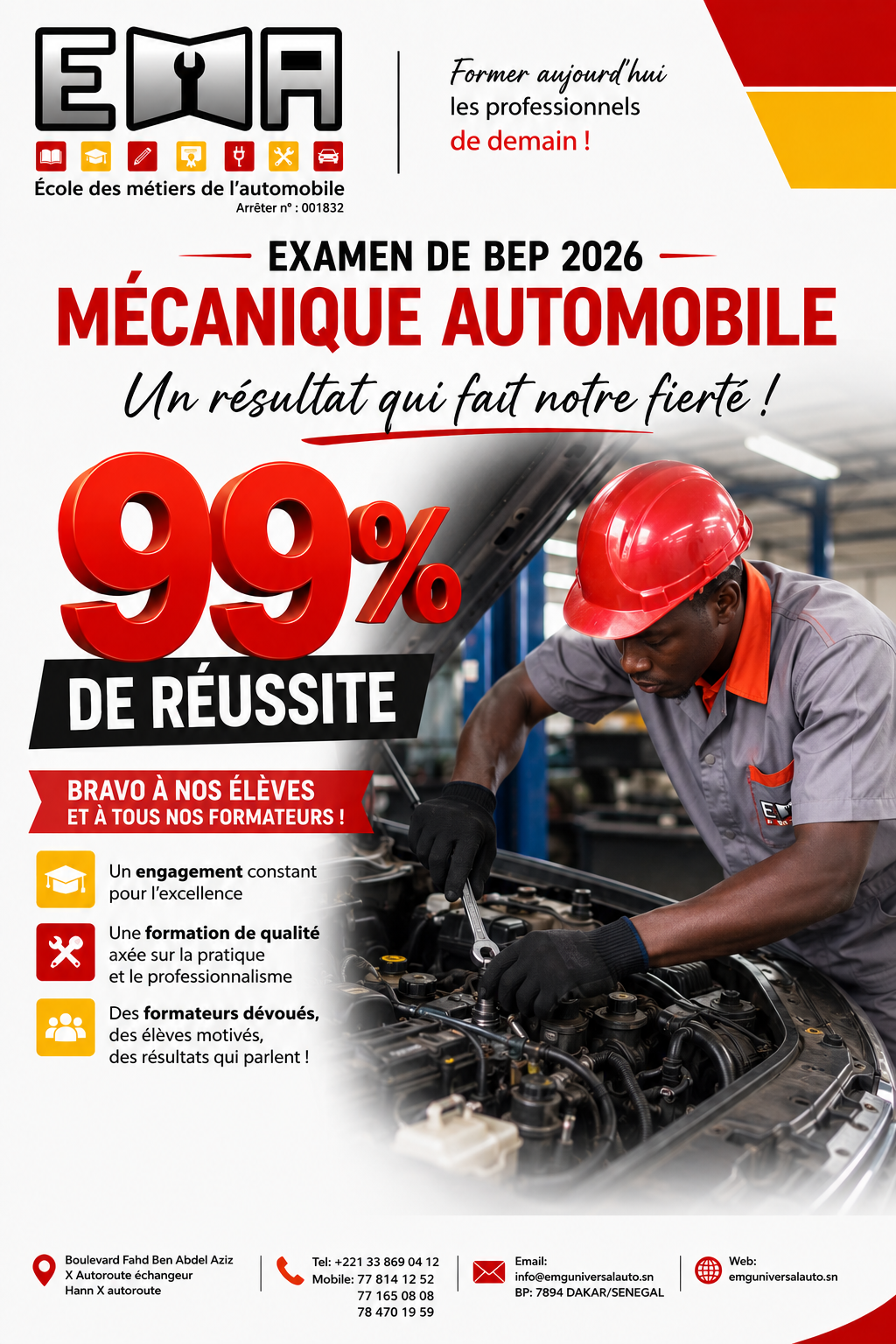 Affiche annonçant 99% de réussite au BEP Mécanique automobile 2026 à EMA